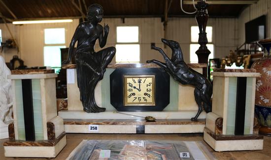 French Art Deco marble clock set with metal lady & dogs